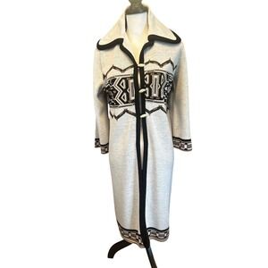 Vintage 70's Southwestern Geometric Duster Cardigan Gray Black Long Sweater M